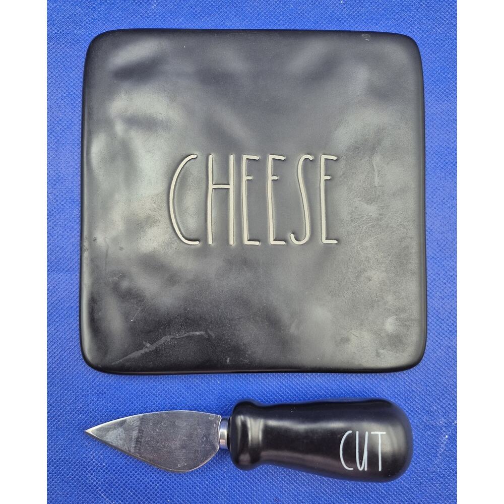 Rae Dunn CHEESE & CUT Stoneware Cheese Board with Knife Black 6"